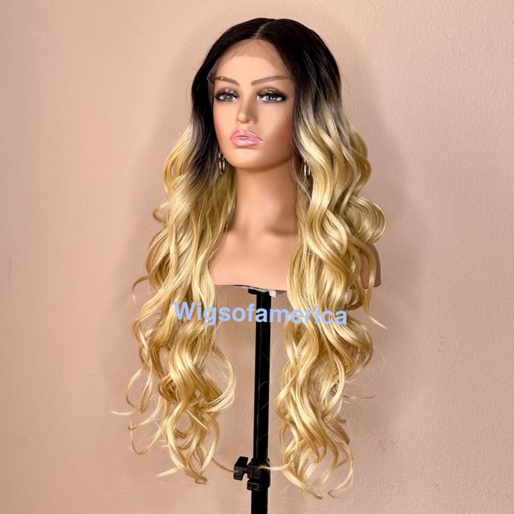 Golden blonde wig lace front middle part wavy layered 26 inch Long
